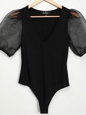 Lulus Black Organza Puff Sleeve Bodysuit